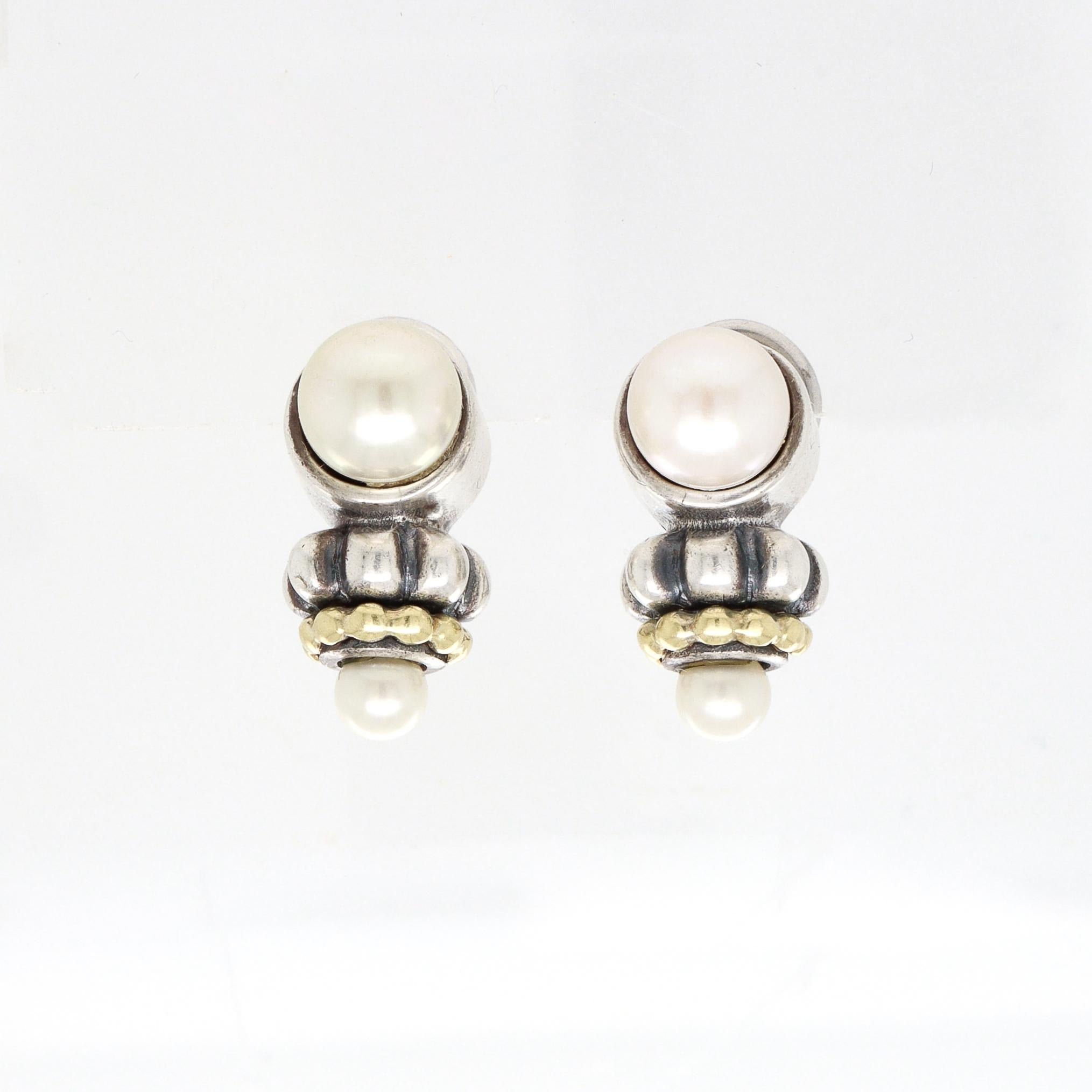 Vintage Lagos Caviar Sterling Silver, 18K Gold, & Pearl Earrings im Zustand „Gut“ im Angebot in Philadelphia, PA