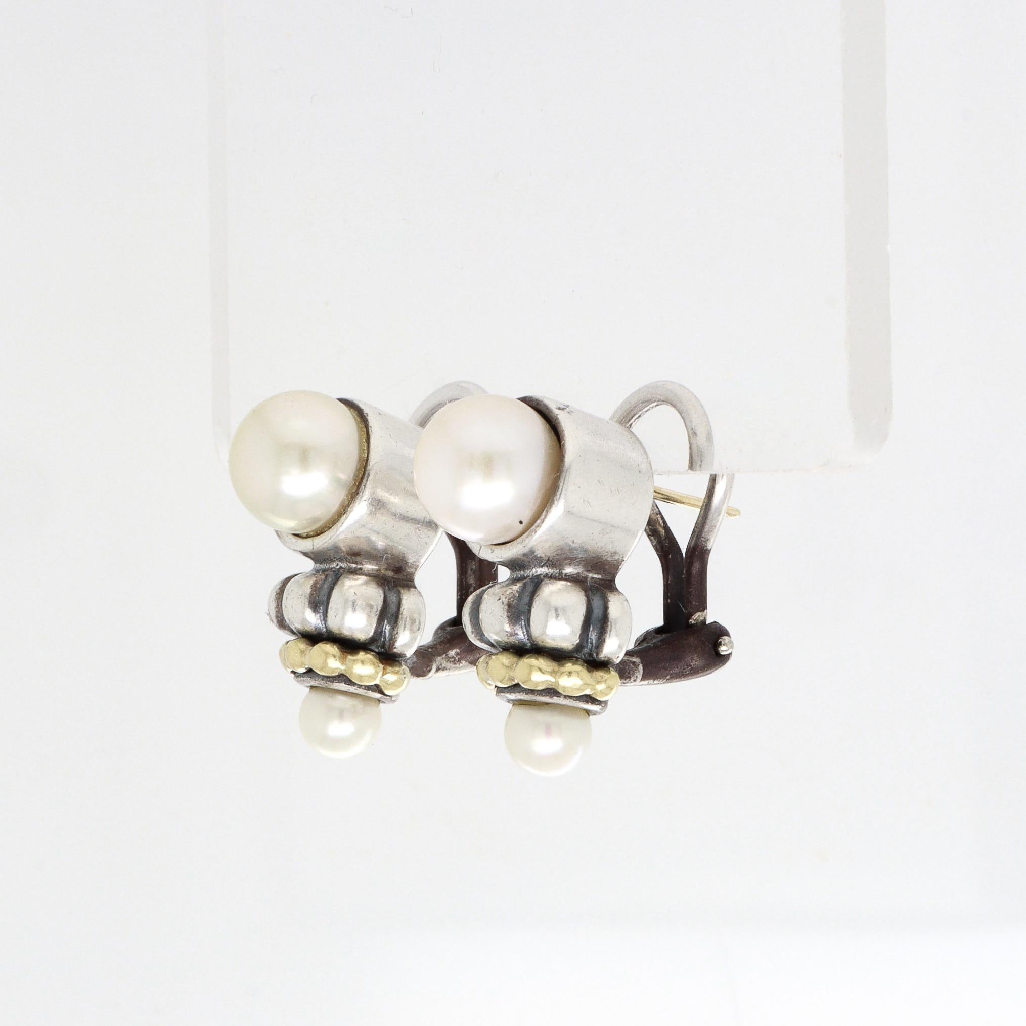 Vintage Lagos Caviar Sterling Silver, 18K Gold, & Pearl Earrings für Damen oder Herren im Angebot
