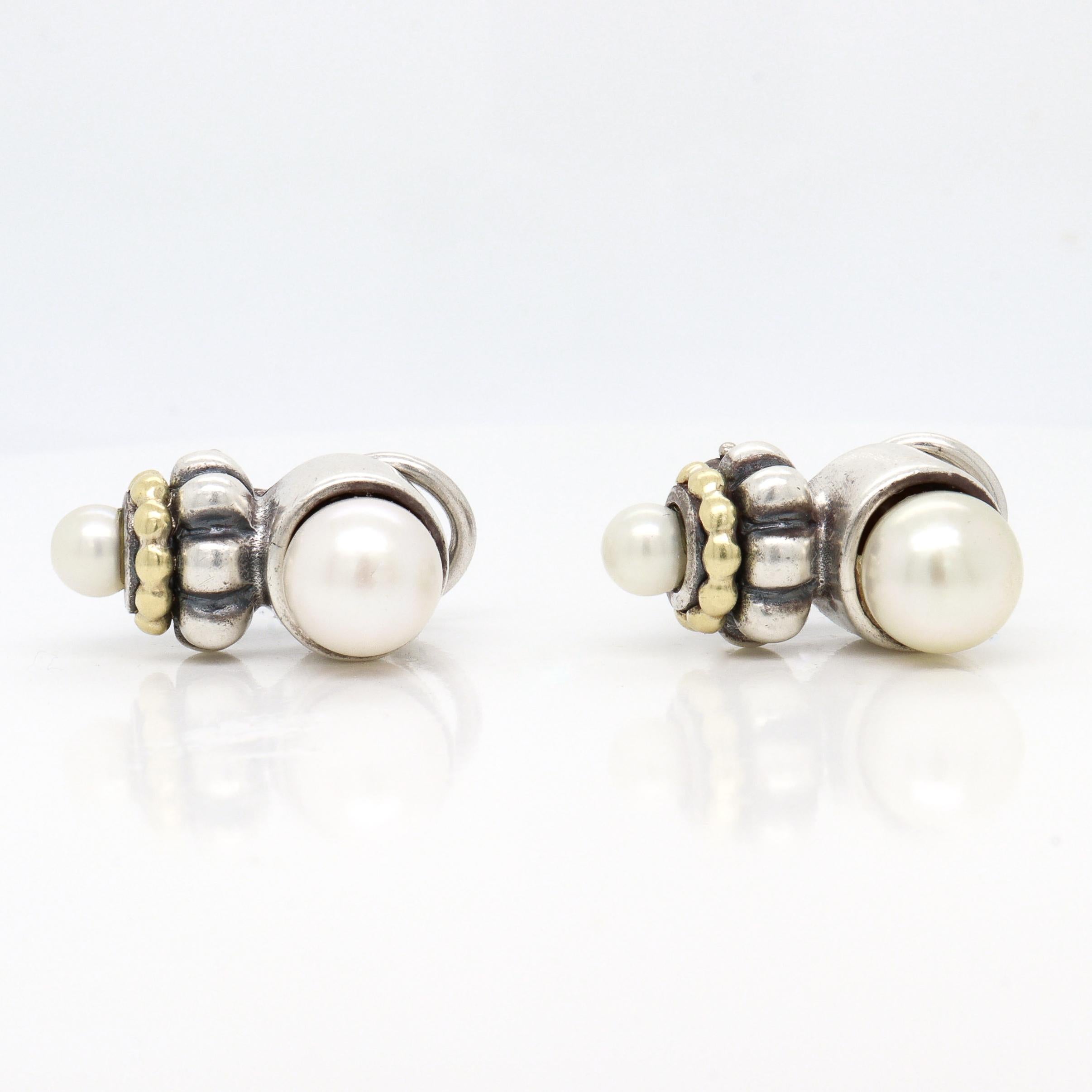 Vintage Lagos Caviar Sterling Silver, 18K Gold, & Pearl Earrings im Angebot 1