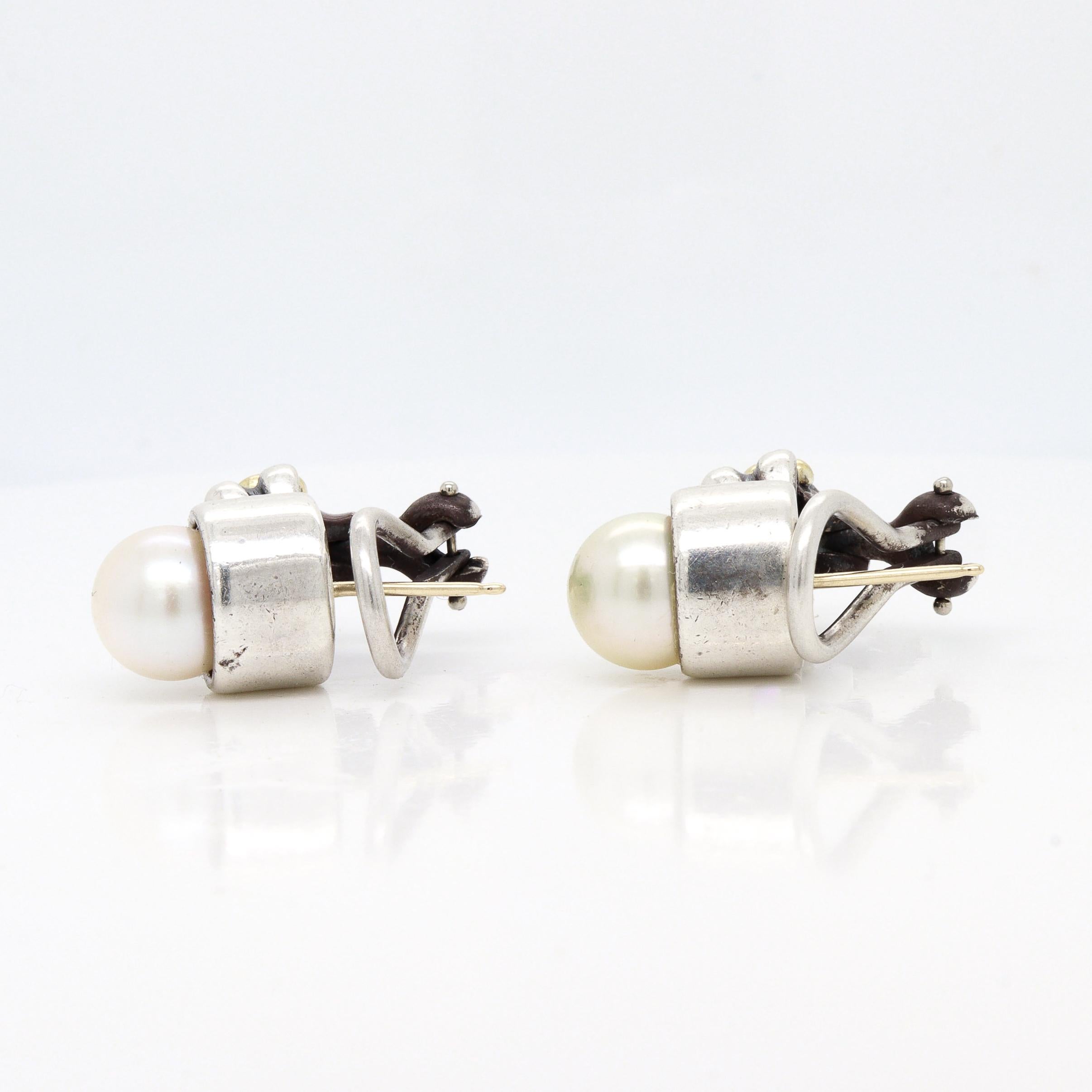 Vintage Lagos Caviar Sterling Silver, 18K Gold, & Pearl Earrings im Angebot 2