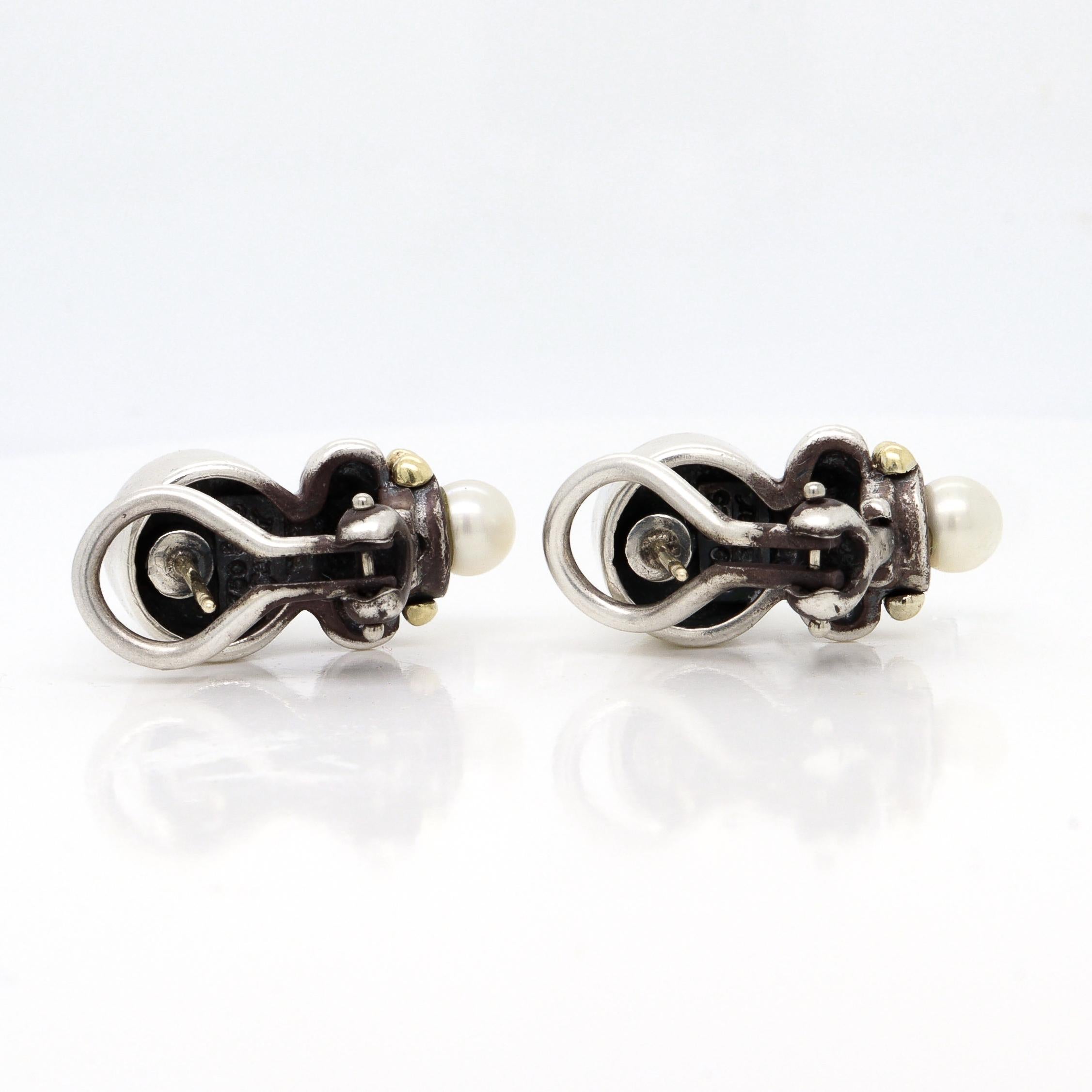 Vintage Lagos Caviar Sterling Silver, 18K Gold, & Pearl Earrings im Angebot 3