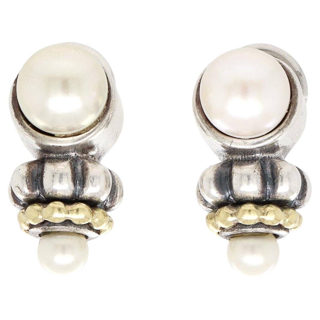 Vintage Lagos Caviar Sterling Silver, 18K Gold, & Pearl Earrings