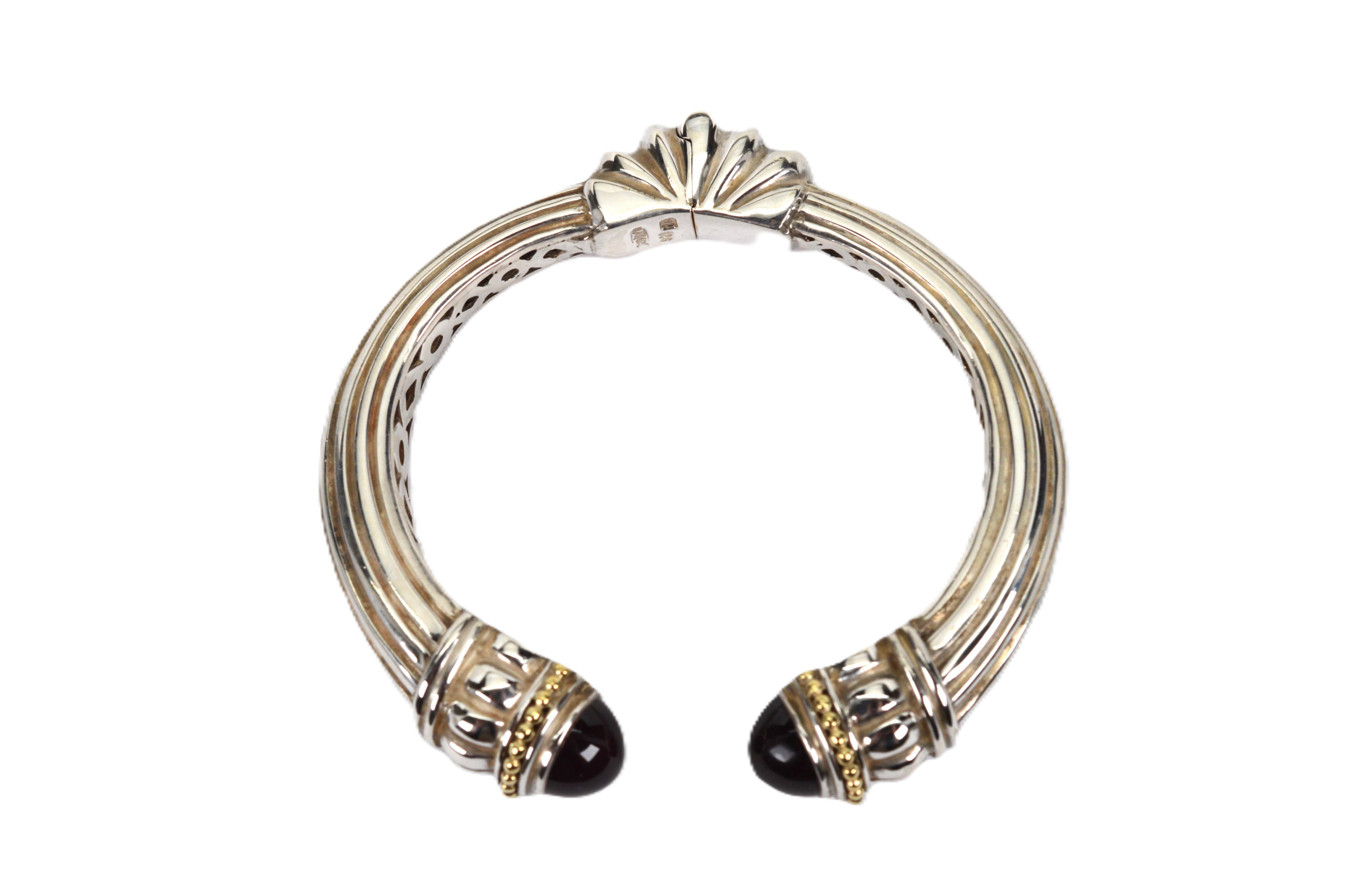 Cabochon Vintage Lagos Caviar Sterling Silver Garnet Cuff Bracelet w 18K Yellow Gold