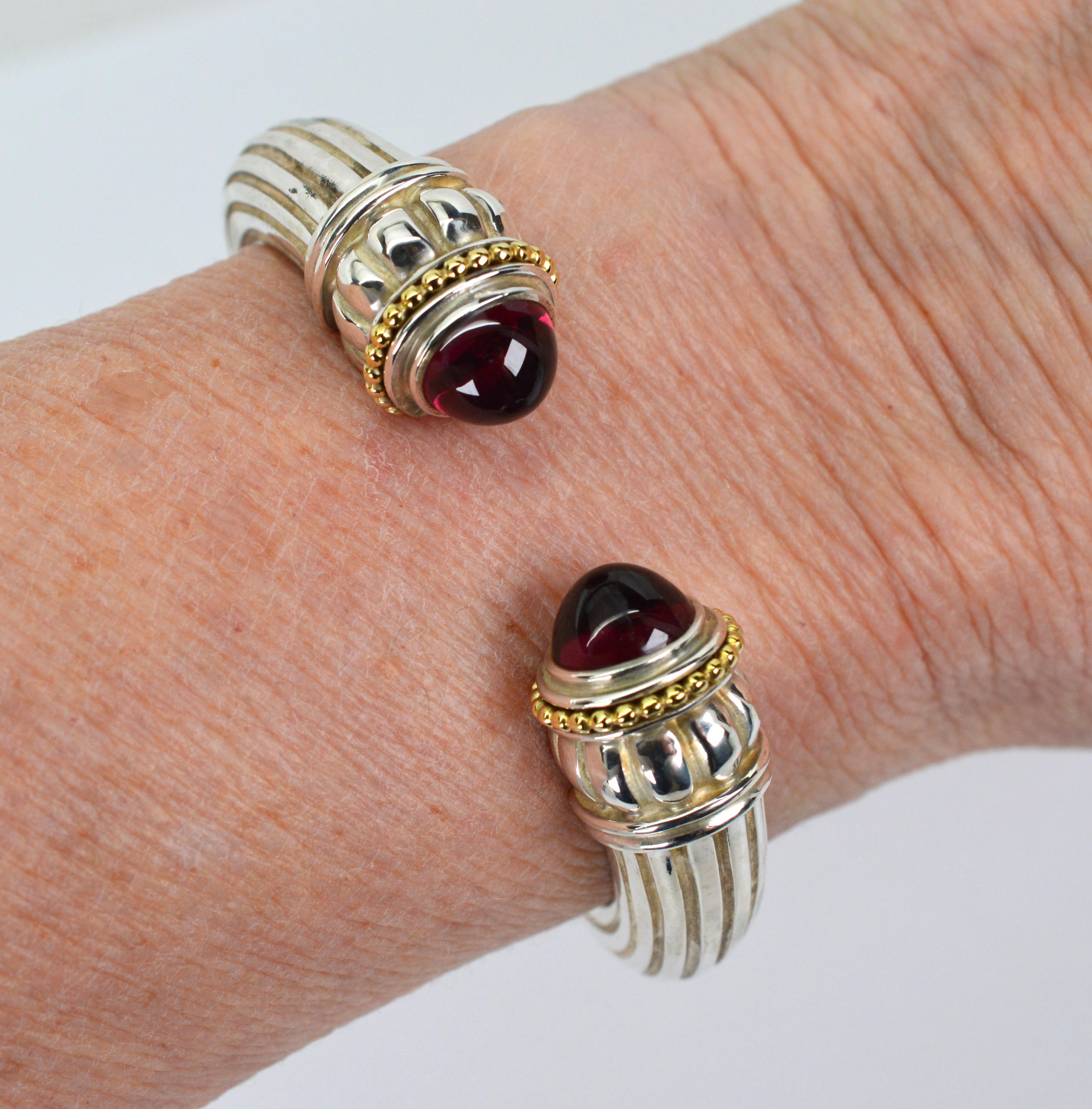 Vintage Lagos Caviar Sterling Silver Garnet Cuff Bracelet w 18K Yellow Gold In Fair Condition In Mount Kisco, NY