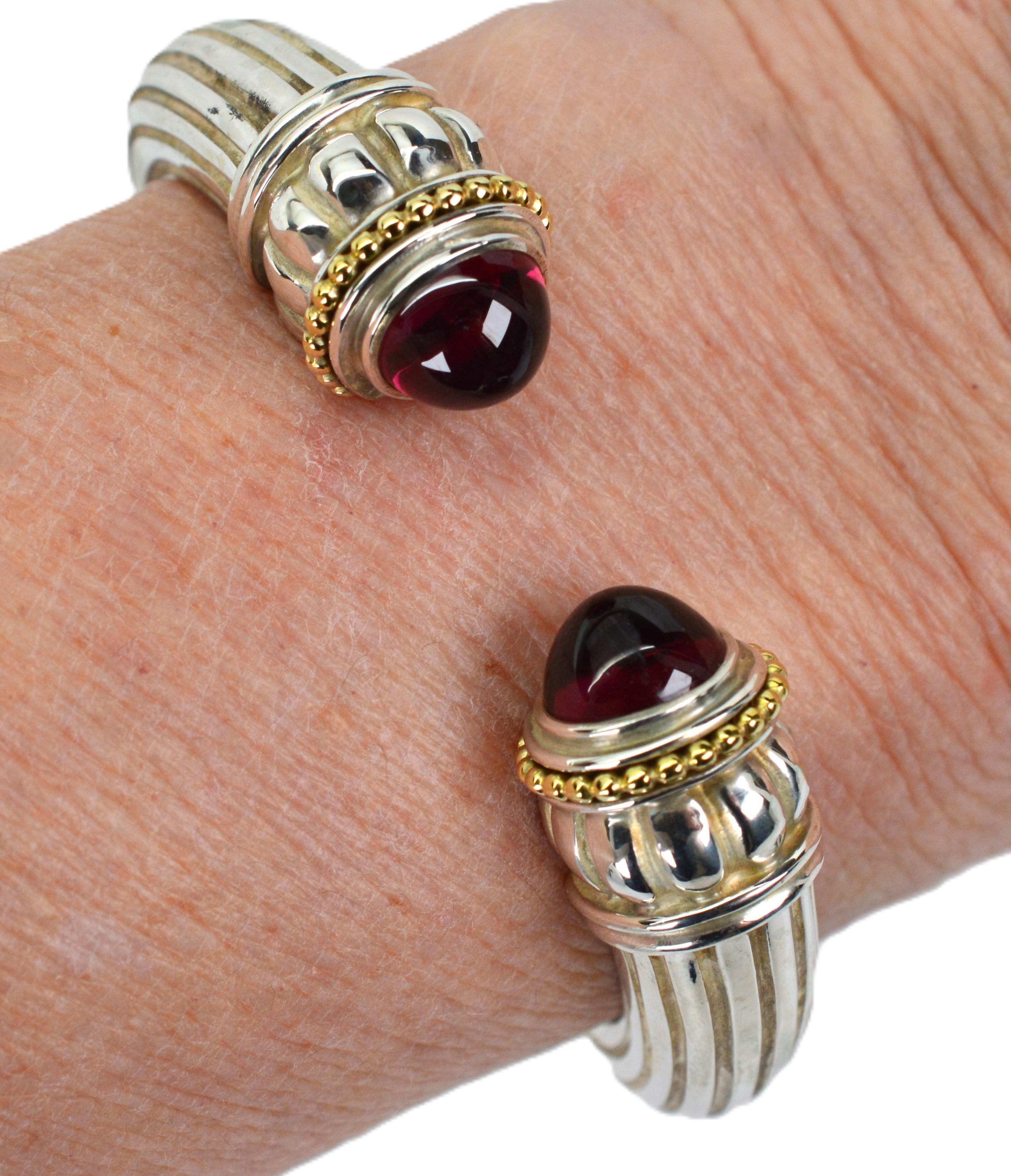Women's Vintage Lagos Caviar Sterling Silver Garnet Cuff Bracelet w 18K Yellow Gold