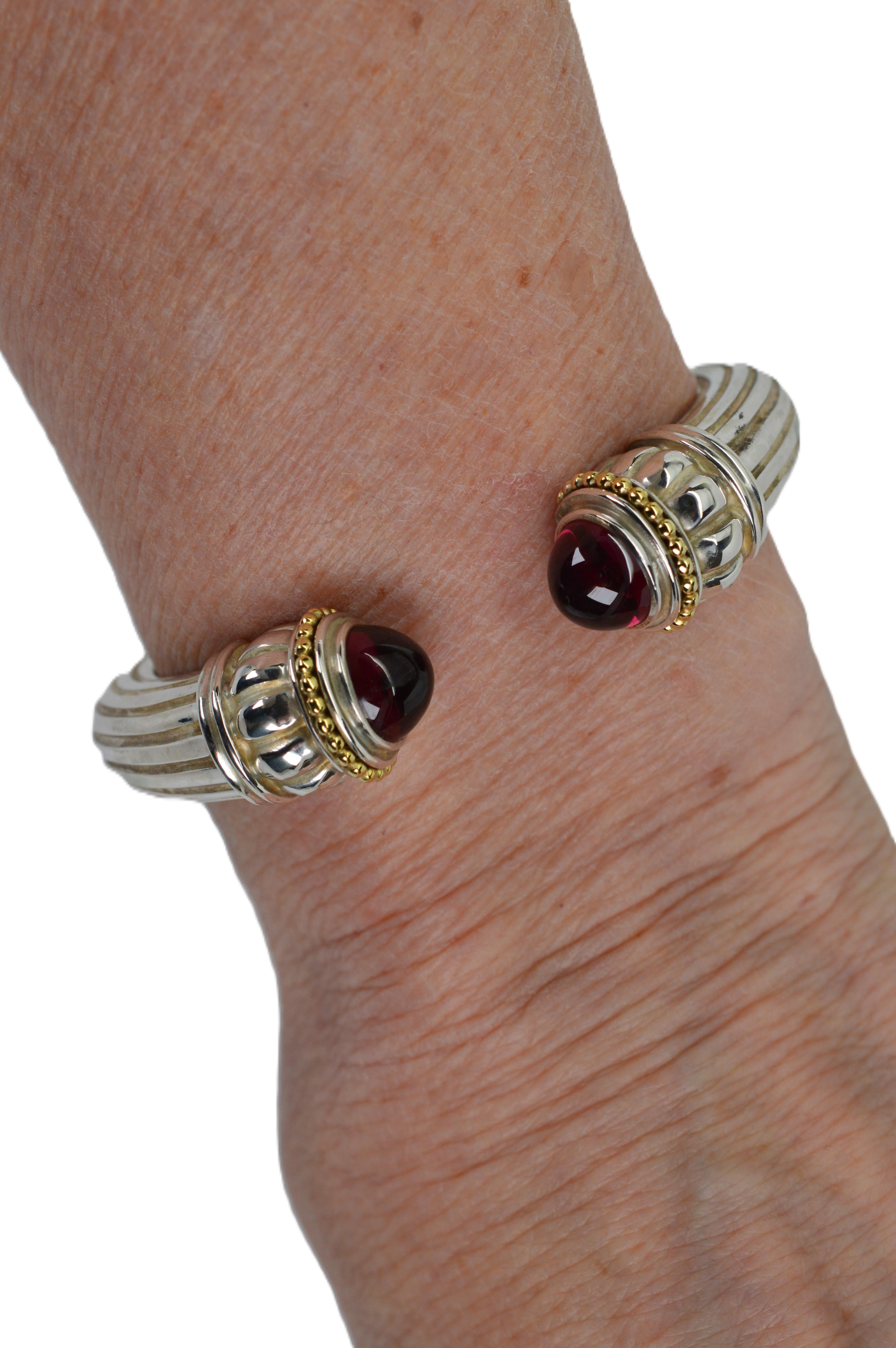 Vintage Lagos Caviar Sterling Silver Garnet Cuff Bracelet w 18K Yellow Gold 1