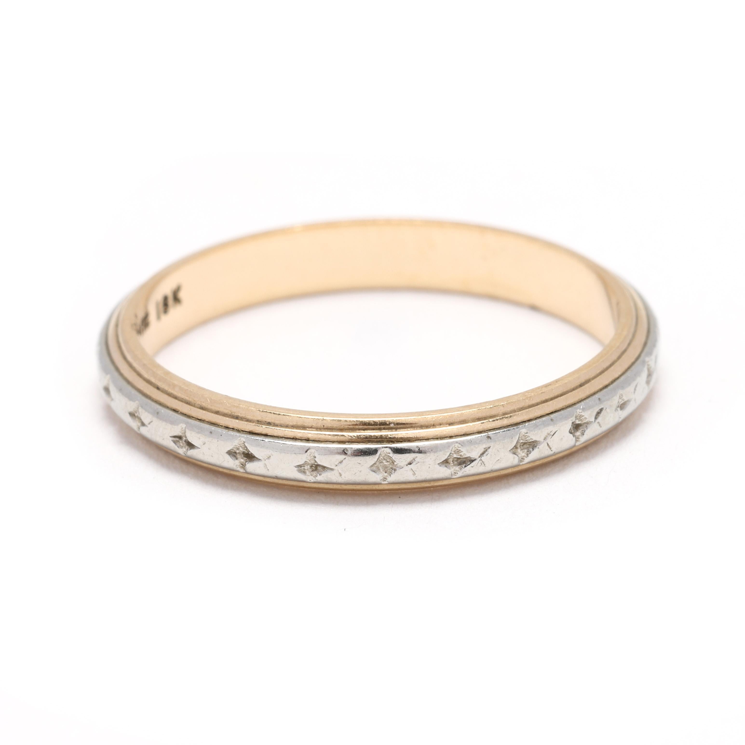 Discover the beauty of vintage craftsmanship with this unique Lahengrin engraved band ring, featuring a striking combination of 14k yellow gold and 18k white gold. This size 6 ring showcases intricate engravings and a sophisticated two-tone design,