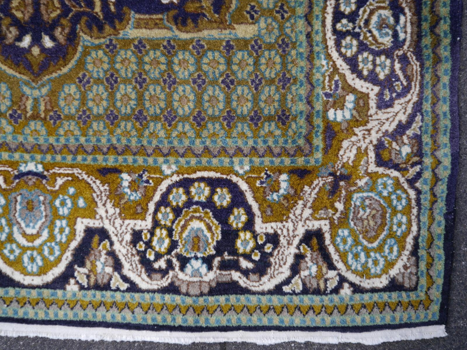 Vintage Lahore Kashmir Wool Rug Pair of Bedside Rugs Blue Green Turquoise Beige For Sale 1