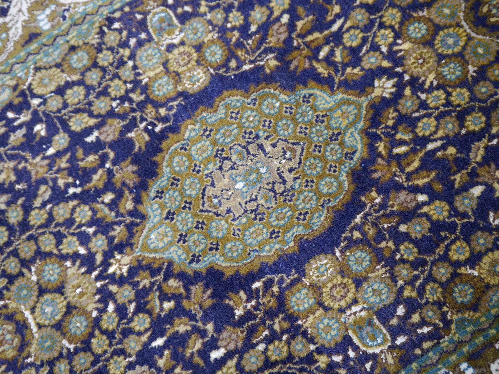 Vintage Lahore Kashmir Wool Rug Pair of Bedside Rugs Blue Green Turquoise Beige For Sale 2