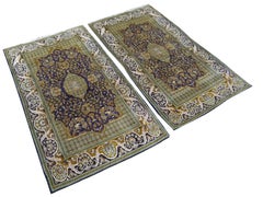 Vintage Lahore Kashmir Wool Rug Pair of Bedside Rugs Blue Green Turquoise Beige