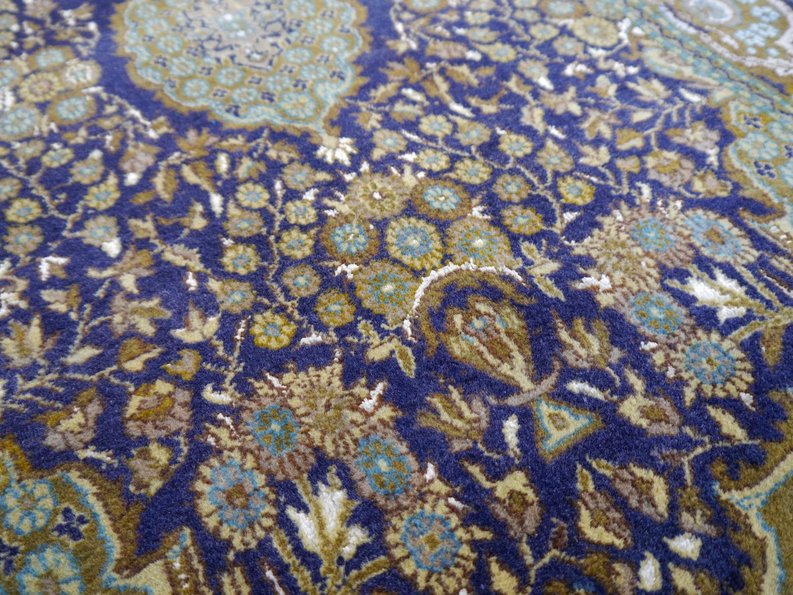 Kirman Vintage Lahore Kashmir Wool Rug Pair of Bedside Rugs Blue Green Turquoise Beige For Sale