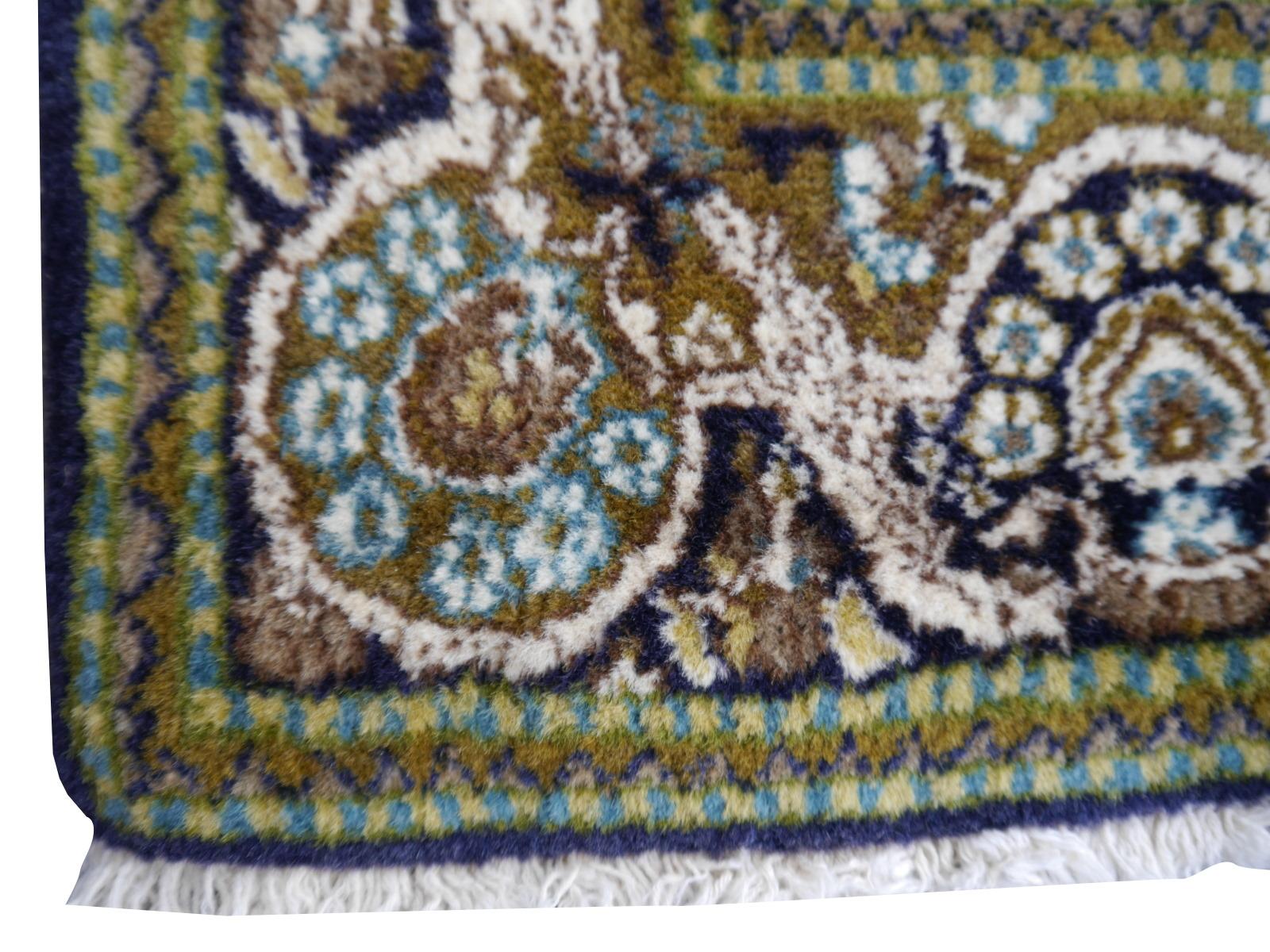 Indian Vintage Lahore Kashmir Wool Rug Pair of Bedside Rugs Blue Green Turquoise Beige For Sale
