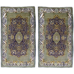 Vintage Lahore Kashmir Wool Rug Pair of Bedside Rugs Blue Green Turquoise Beige