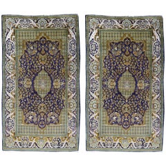 Vintage Lahore Kashmir Wool Rug Pair of Bedside Rugs Blue Green Turquoise Beige