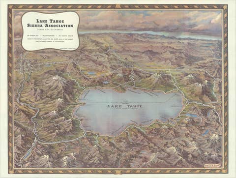 Vintage Lake Tahoe Bird’s-Eye View Pictorial Map by Gerald A. Eddy, circa 1945