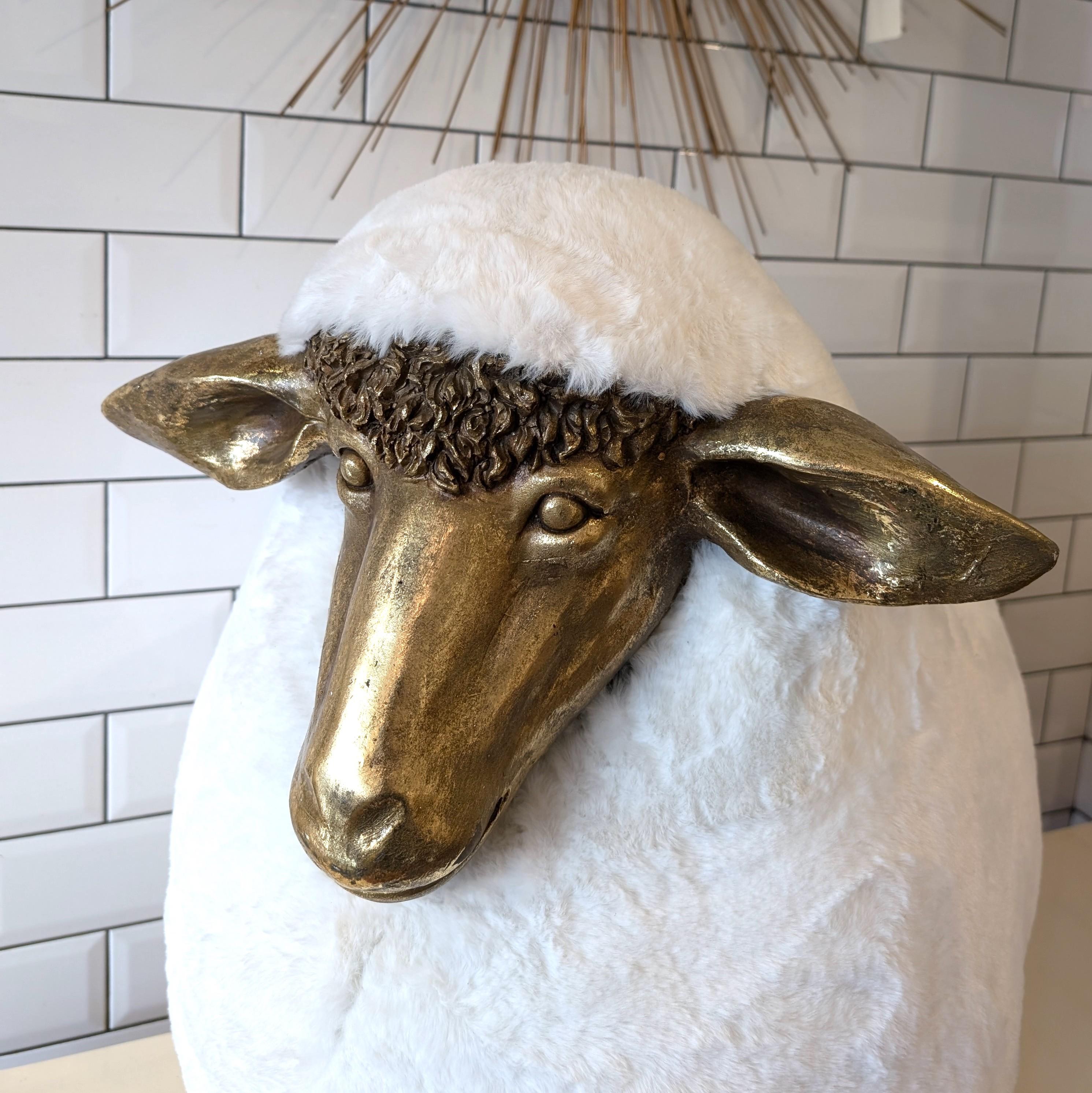 Vintage Lalanne style sheep footstool, faux fur upholstery, gold fibreglass 3