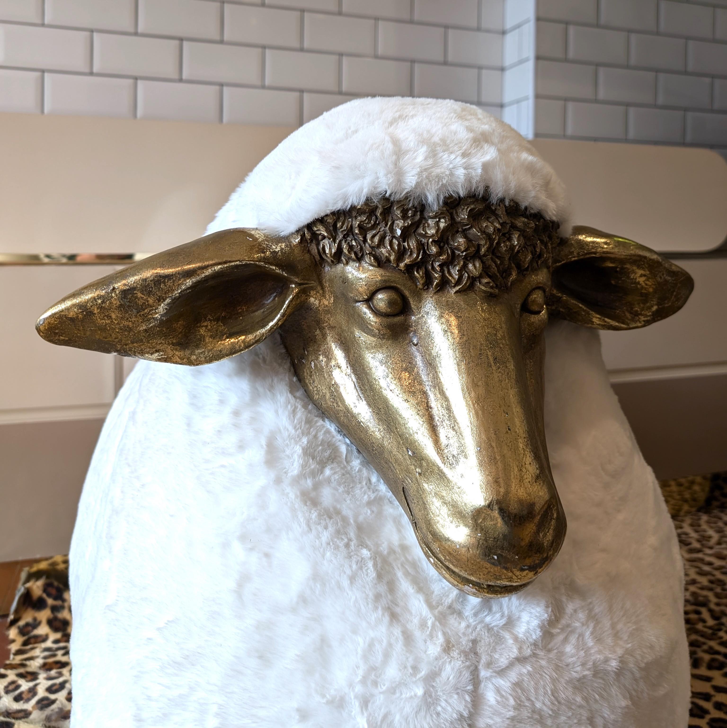 Vintage Lalanne style sheep footstool, faux fur upholstery, gold fibreglass 4