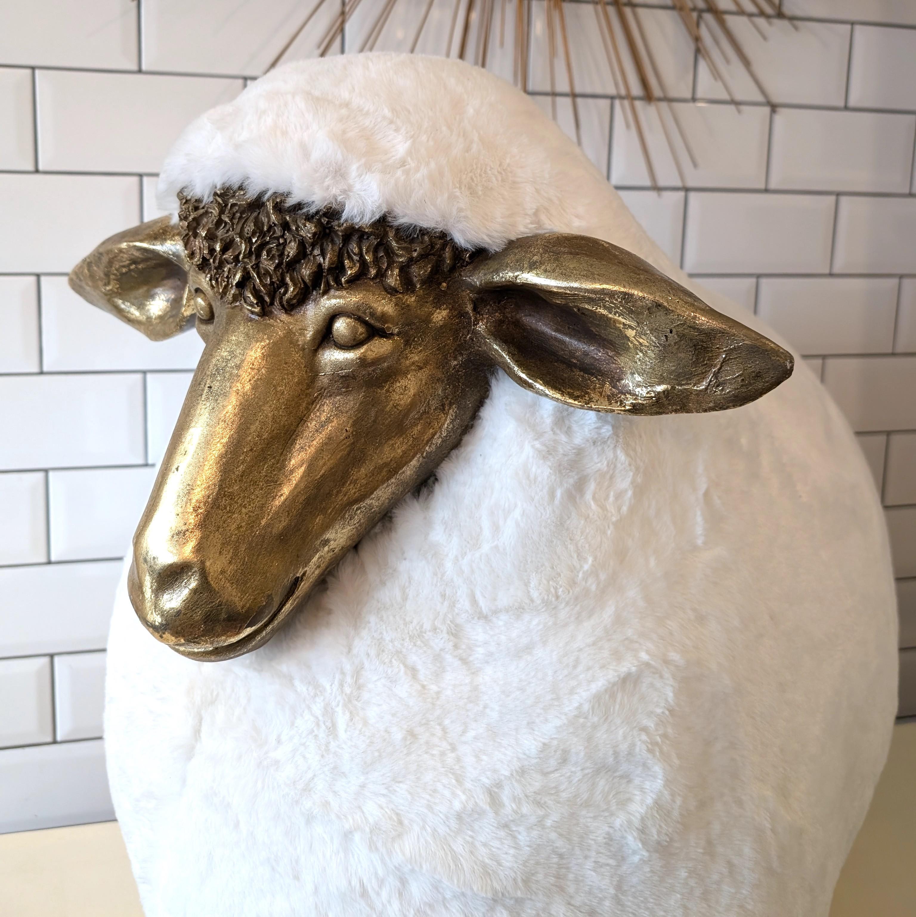 Vintage Lalanne style sheep footstool, faux fur upholstery, gold fibreglass 5
