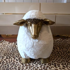 Tabouret vintage style Lalanne, rembourrage en fausse fourrure, fibre de verre dorée