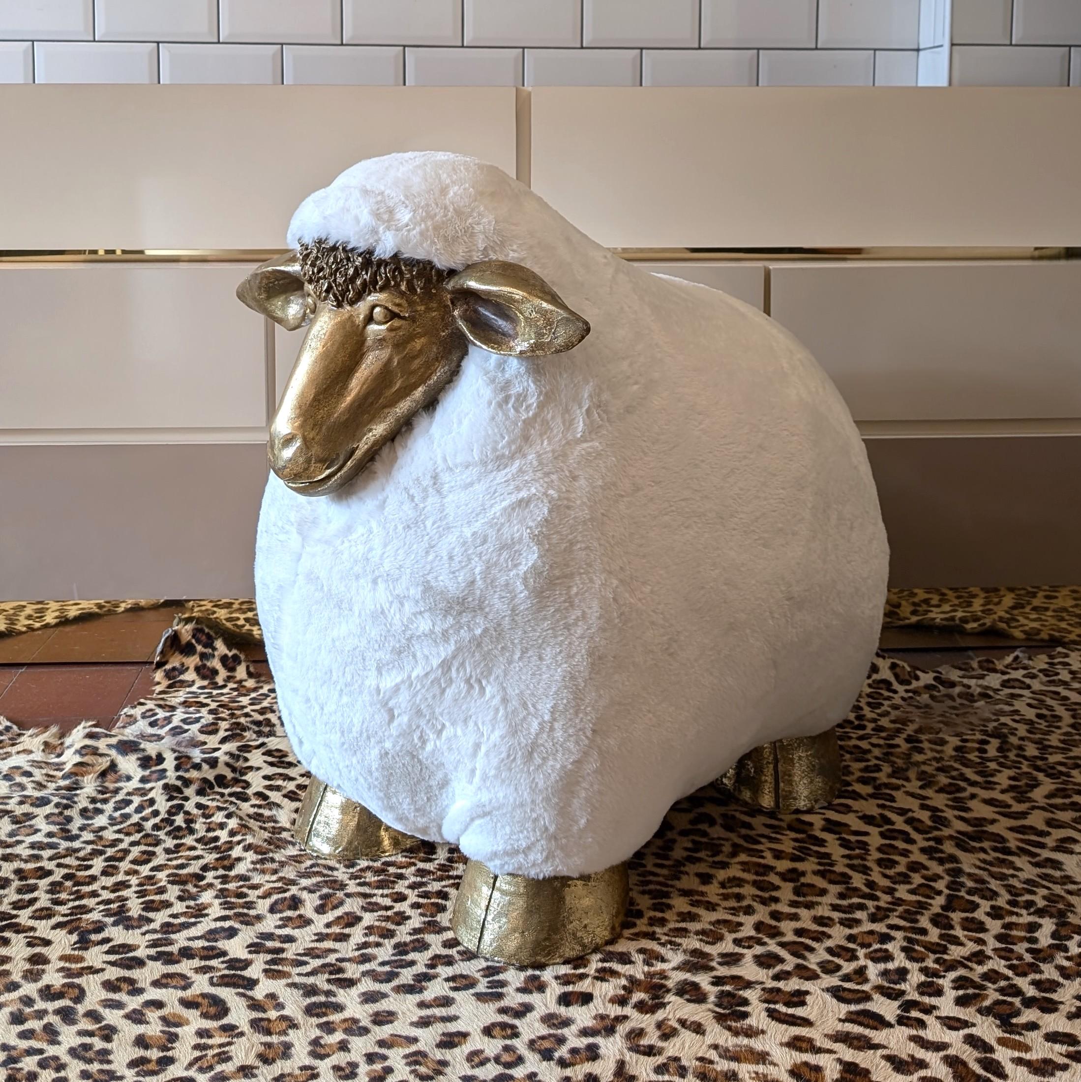 Post-Modern Vintage Lalanne style sheep footstool, faux fur upholstery, gold fibreglass