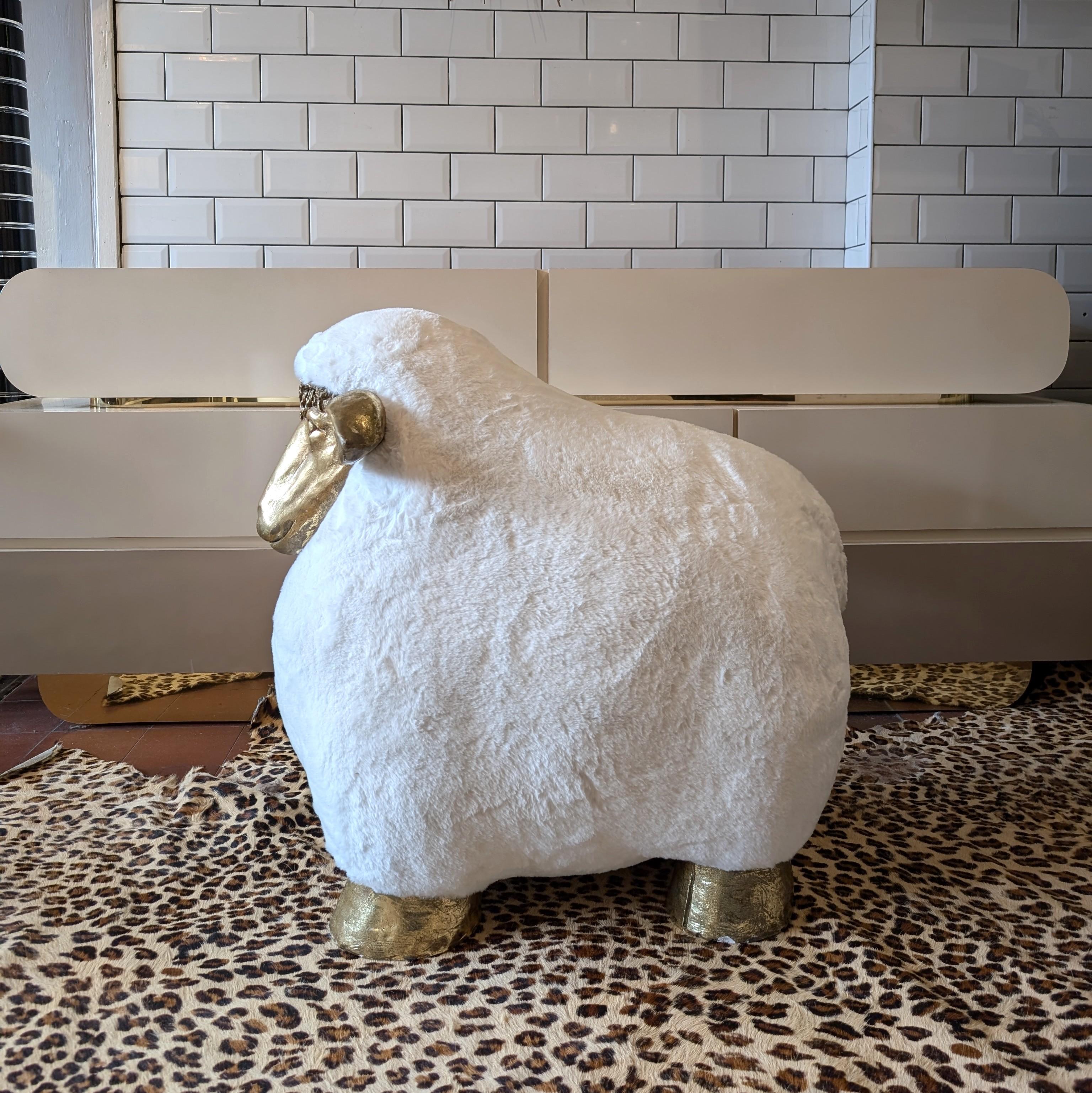 French Vintage Lalanne style sheep footstool, faux fur upholstery, gold fibreglass