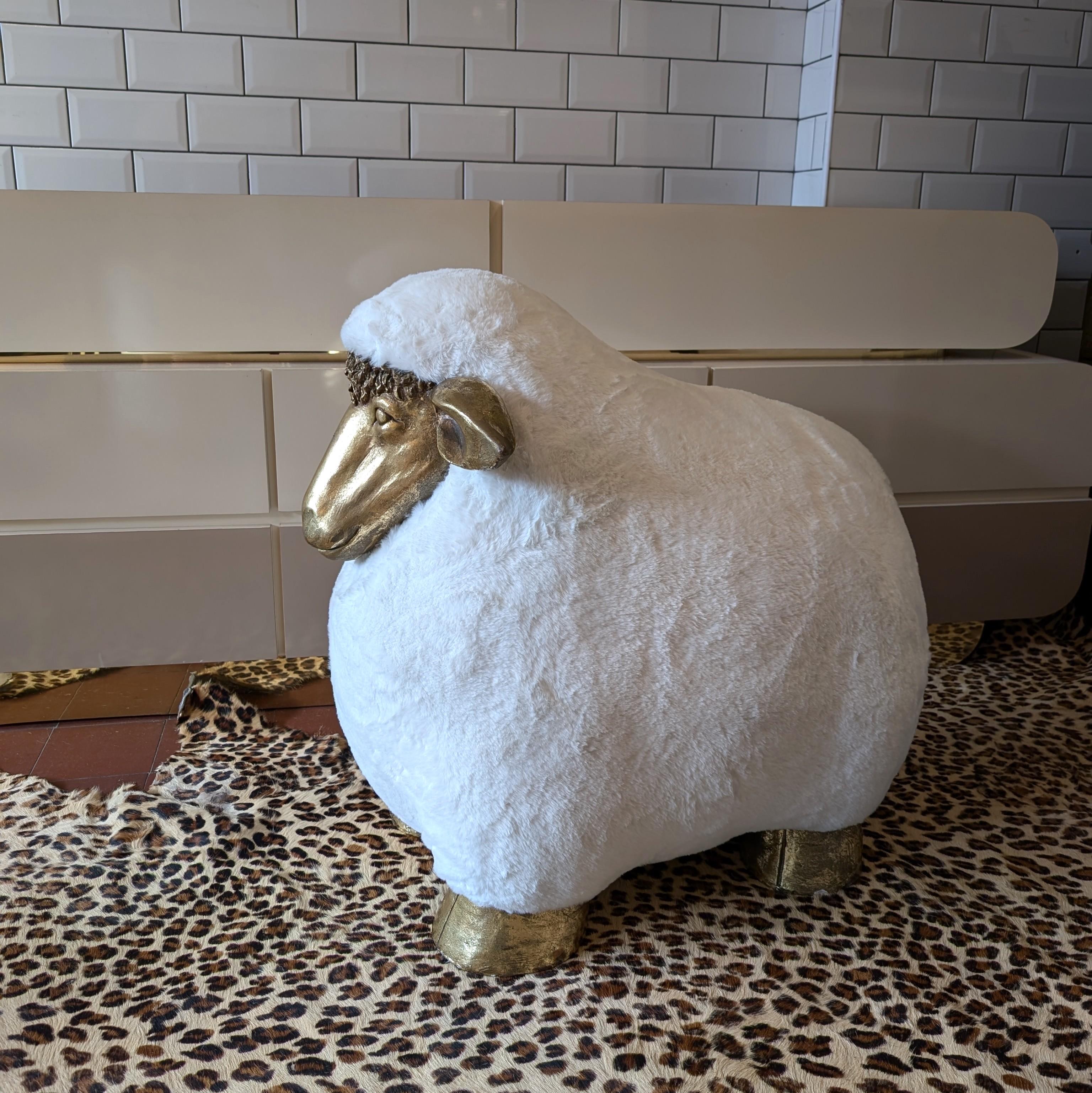 Vintage Lalanne style sheep footstool, faux fur upholstery, gold fibreglass In Good Condition In Hastings, GB