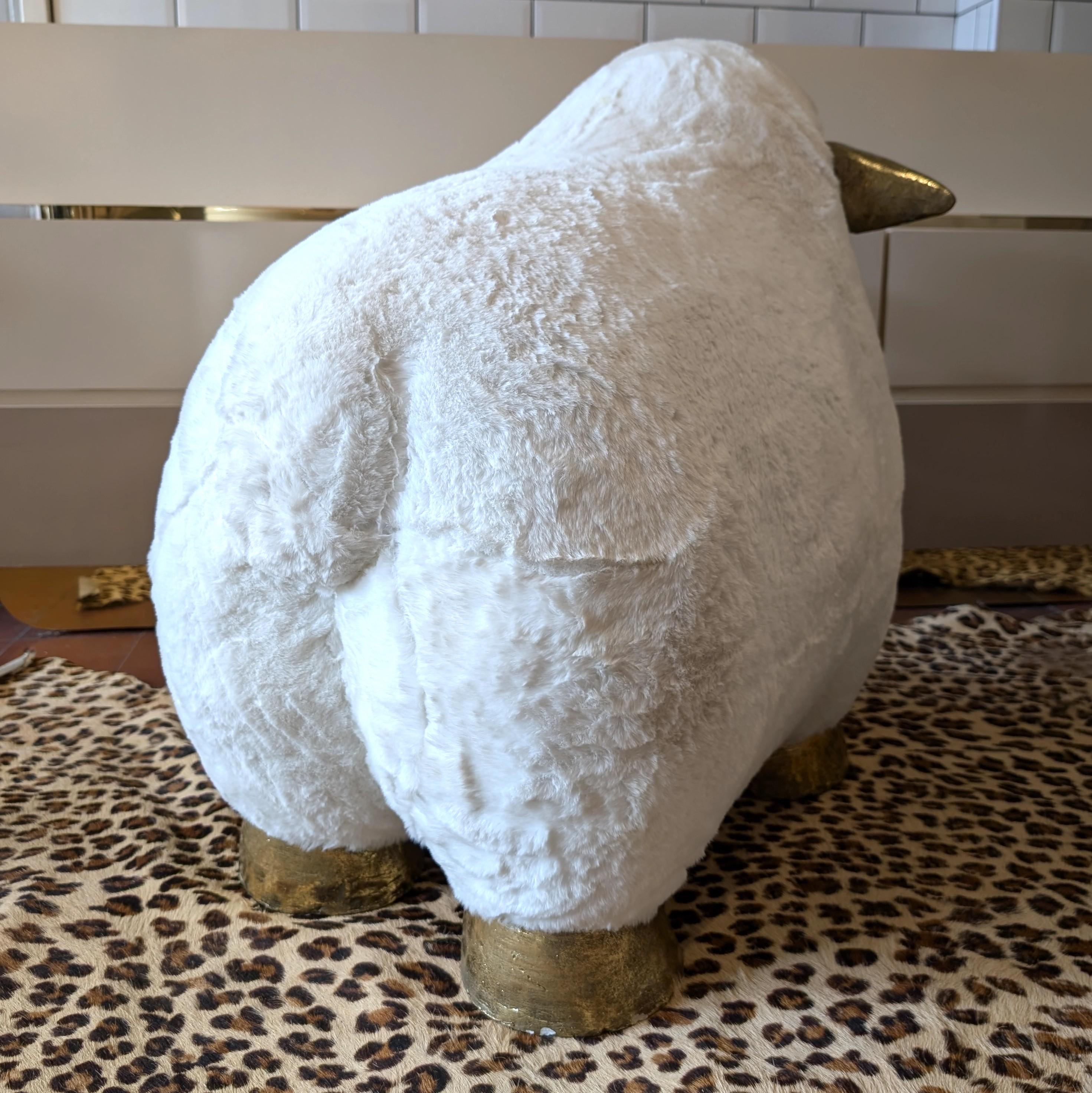 Late 20th Century Vintage Lalanne style sheep footstool, faux fur upholstery, gold fibreglass