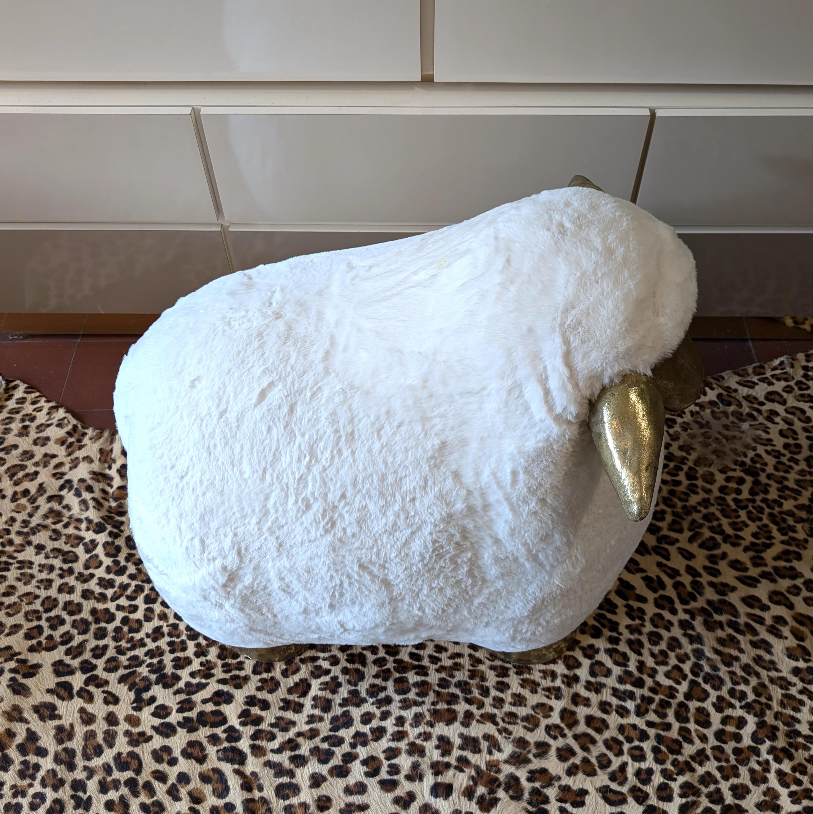 Faux Fur Vintage Lalanne style sheep footstool, faux fur upholstery, gold fibreglass