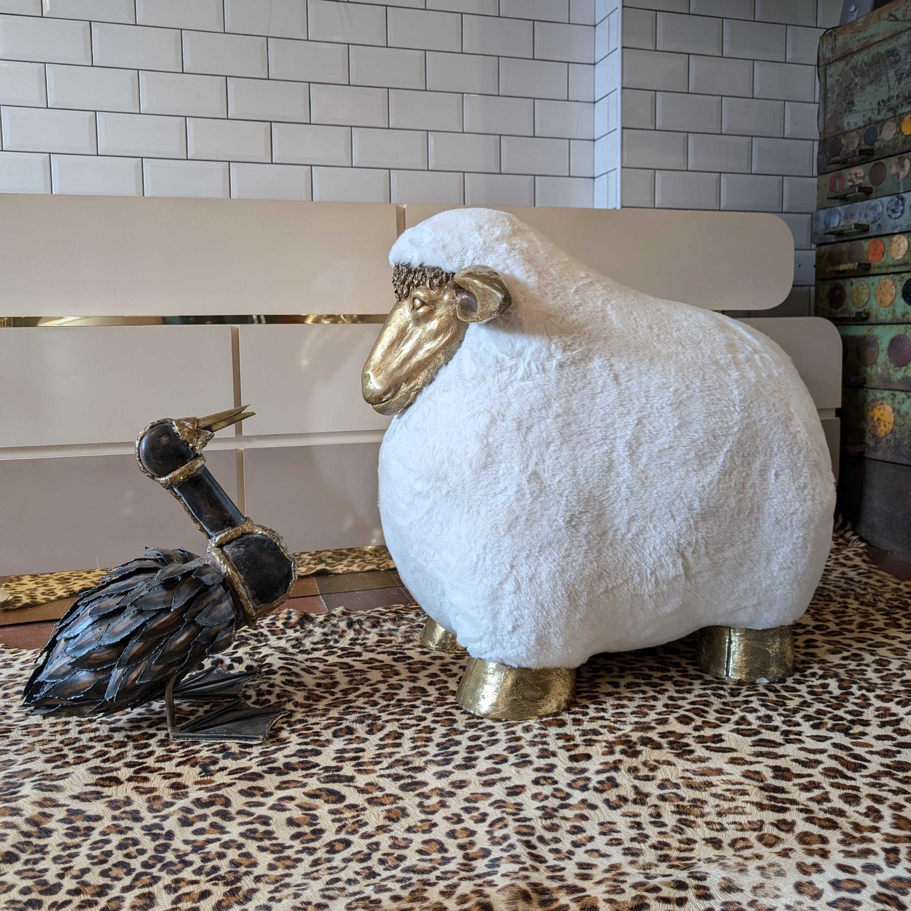 Vintage Lalanne style sheep footstool, faux fur upholstery, gold fibreglass 1