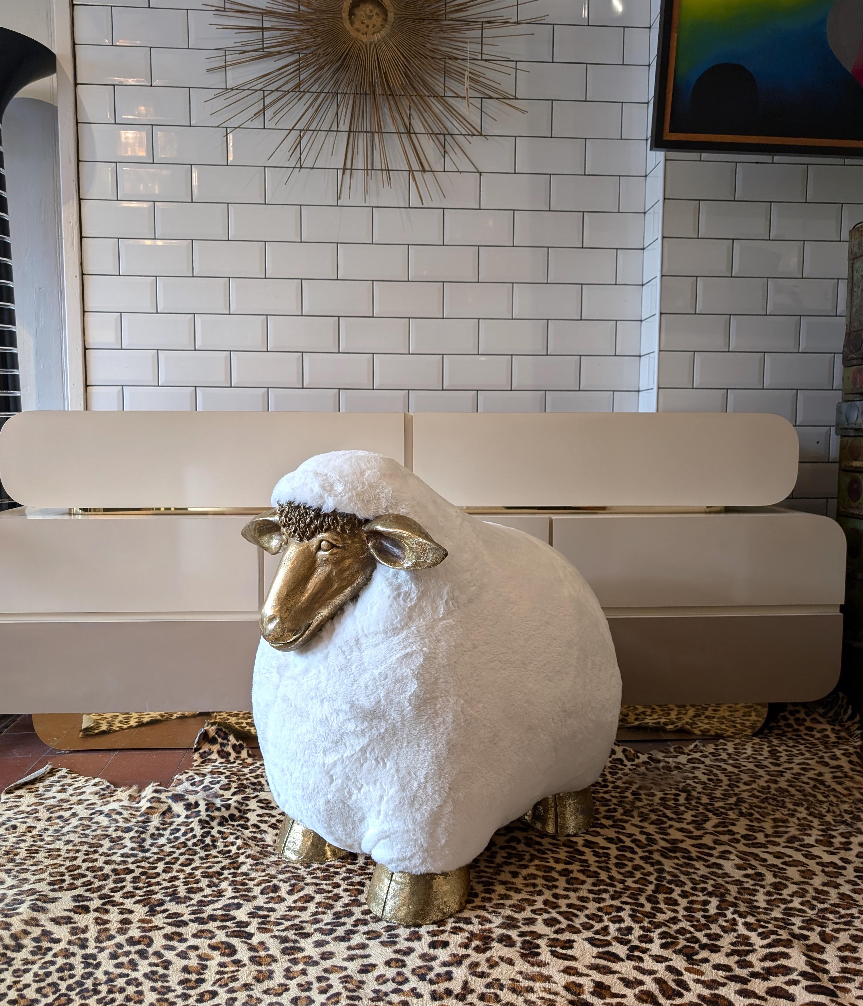 Vintage Lalanne style sheep footstool, faux fur upholstery, gold fibreglass 2
