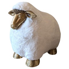 Vintage Lalanne style sheep footstool, faux fur upholstery, gold fibreglass