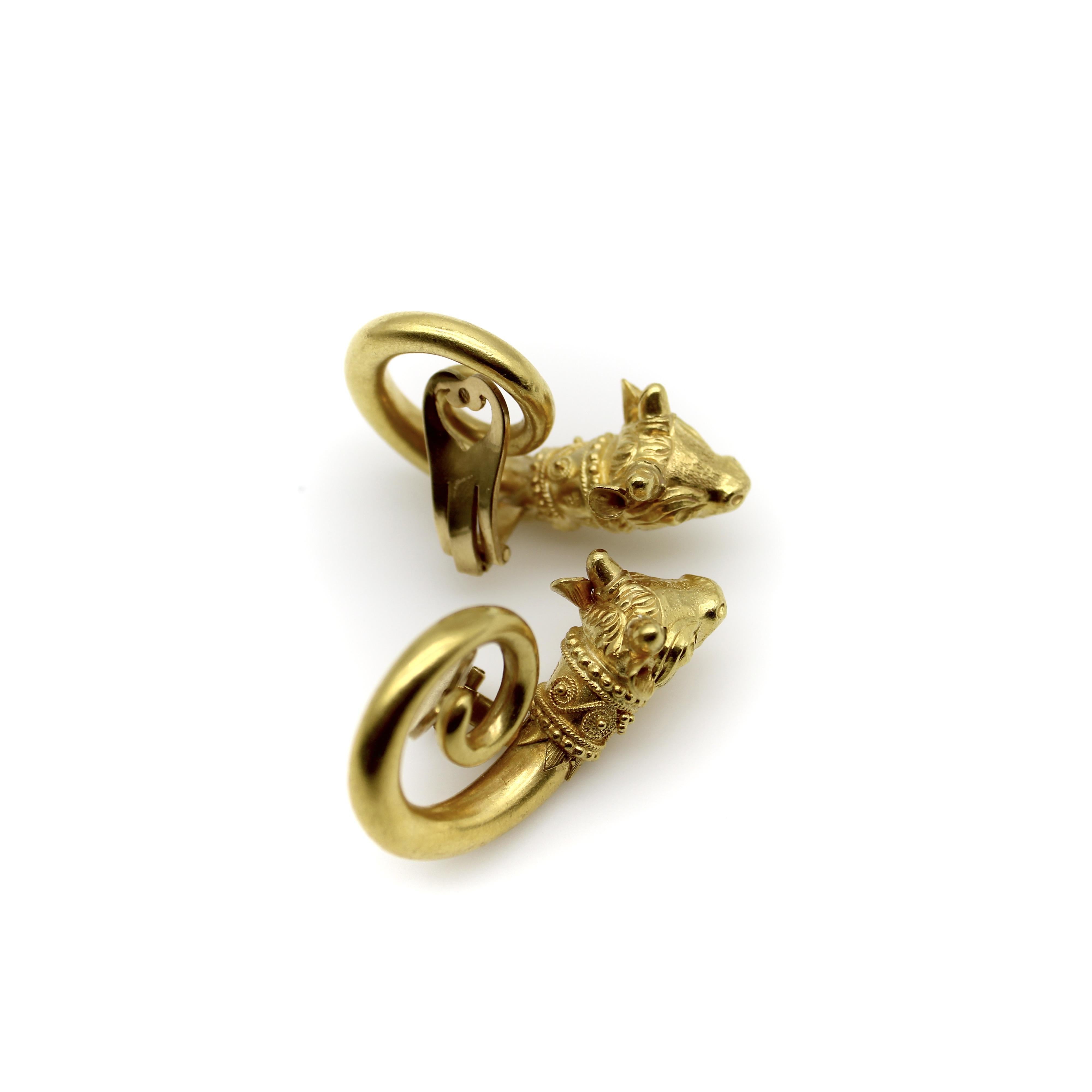 Women's or Men's Vintage Lalaounis 22K Gold Spiral Bull’s Head Earrings For Sale