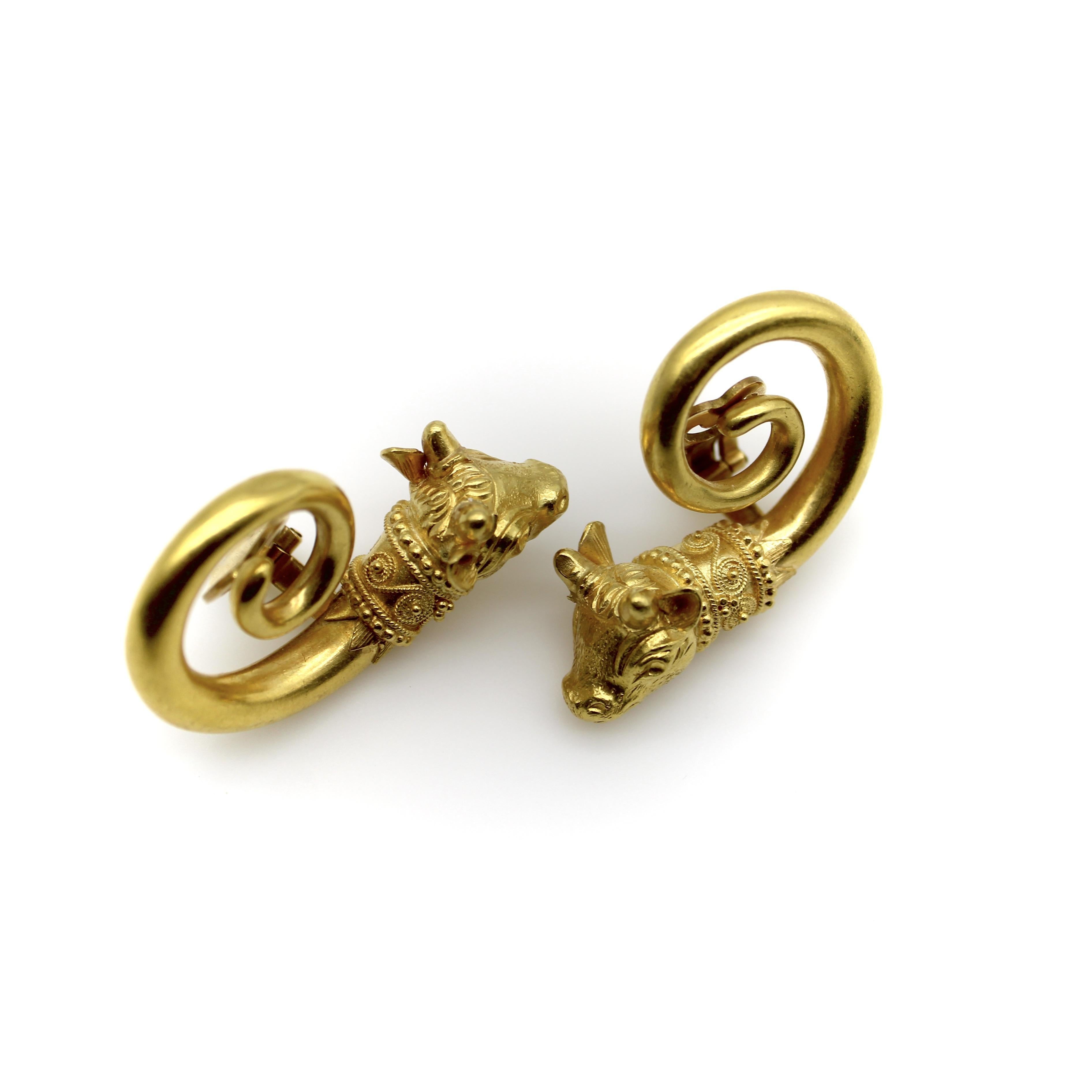 Vintage Lalaounis 22K Gold Spiral Bull’s Head Earrings For Sale 1