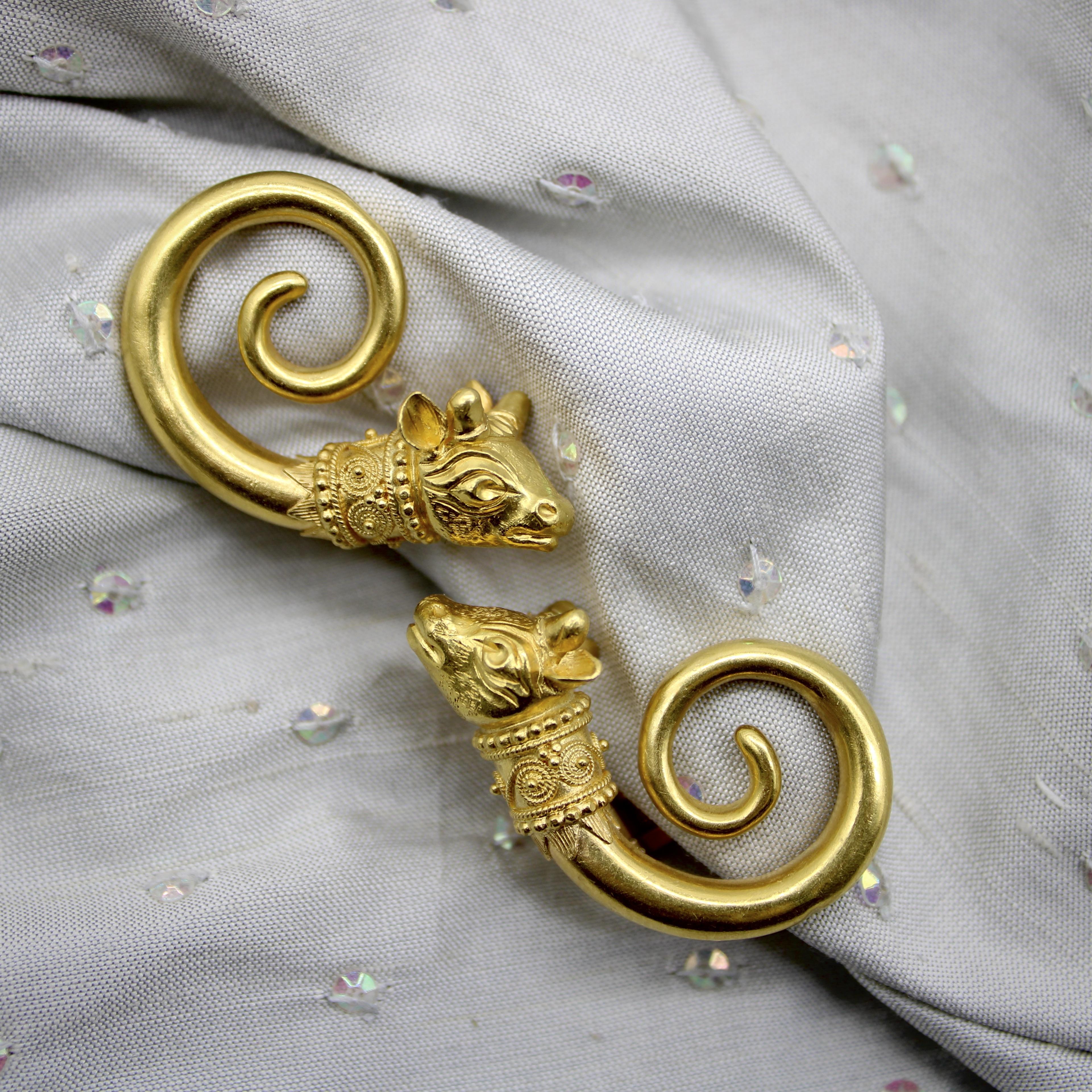 Vintage Lalaounis 22K Gold Spiral Bull’s Head Earrings For Sale 4