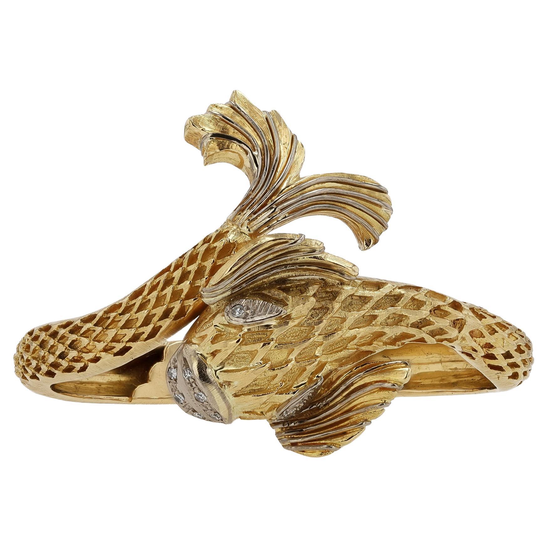 Vintage LALAoUNIS Designer 18k Gold Koi Fish Bangle Bracelet