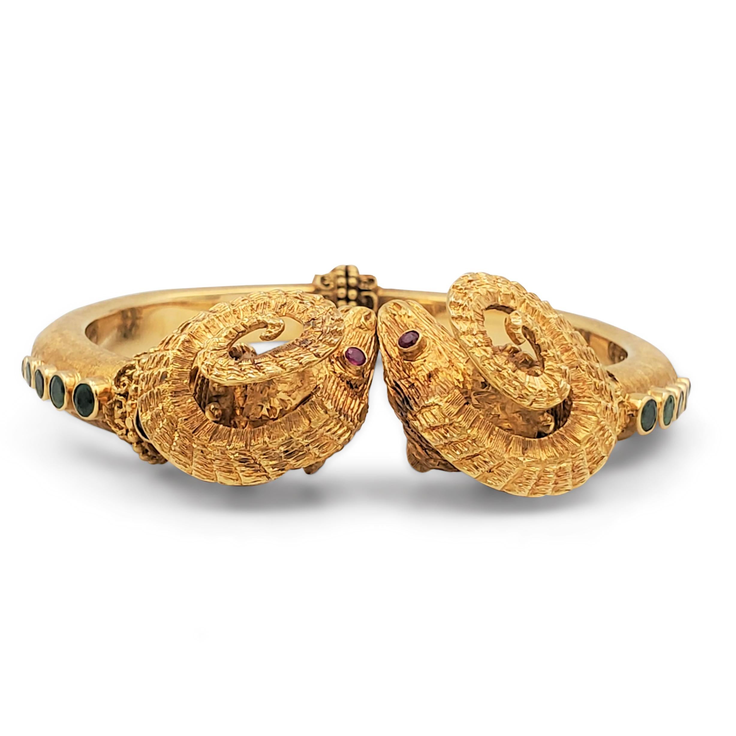 Round Cut Vintage Lalaounis Double Rams Head Yellow Gold and Gemstone Bracelet