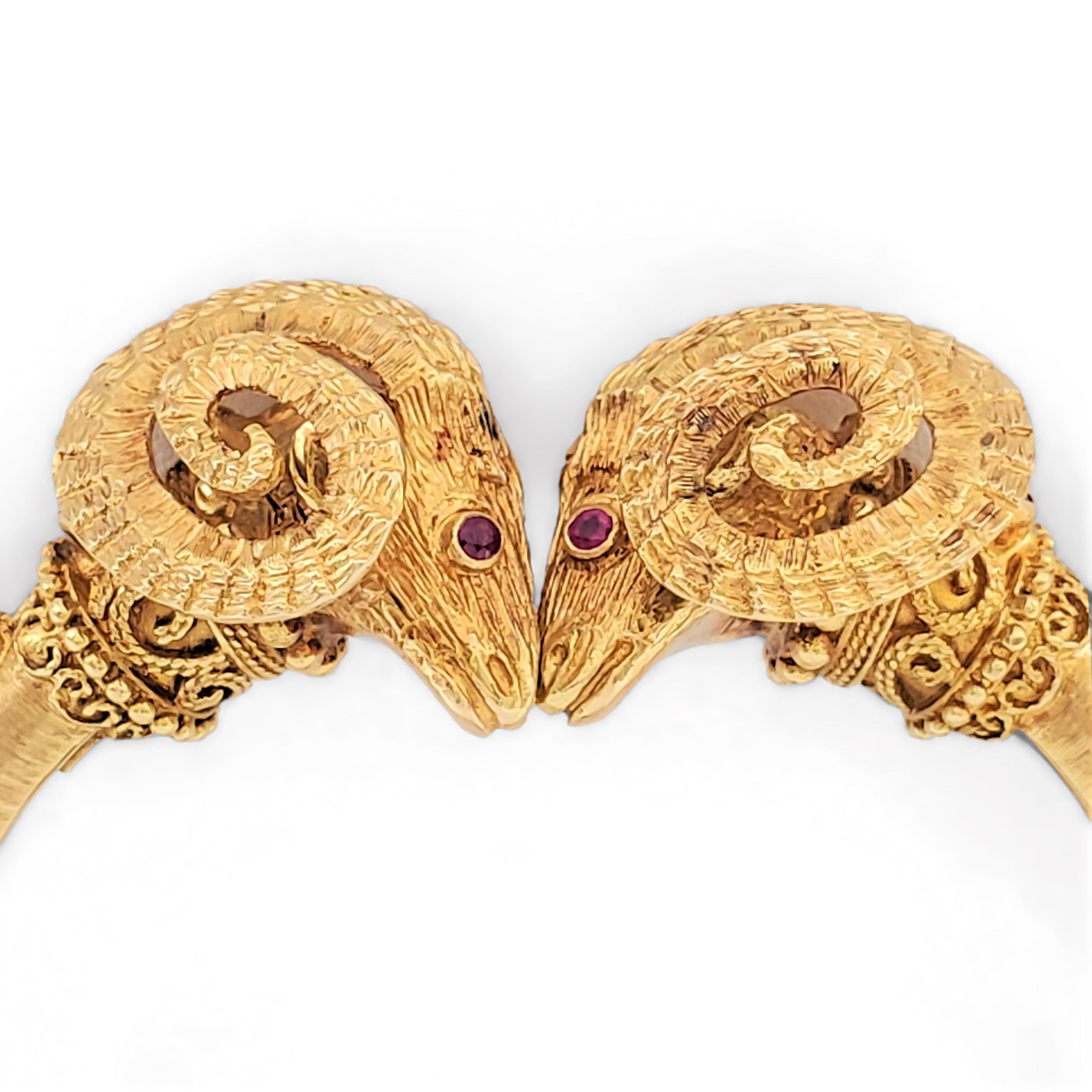 Women's Vintage Lalaounis Double Rams Head Yellow Gold and Gemstone Bracelet