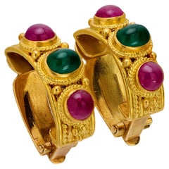 Vintage Lalaounis emerald ruby 18k yellow gold earrings