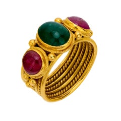 Vintage Lalaounis emerald ruby 18k yellow gold ring
