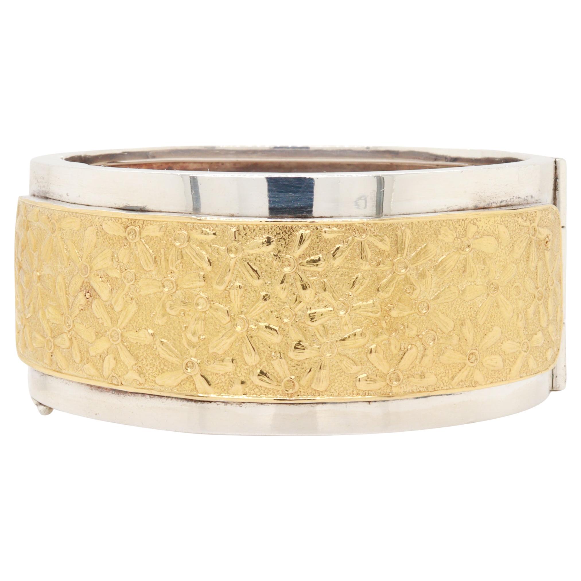 Vintage Lalaounis Gilt Sterling Silver Hinged Floral Bangle Bracelet