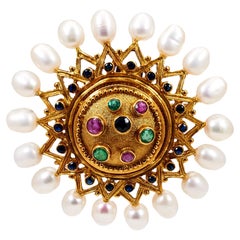 Vintage LaLaounis Pearl and Gemstone 18k Yellow Gold Brooch