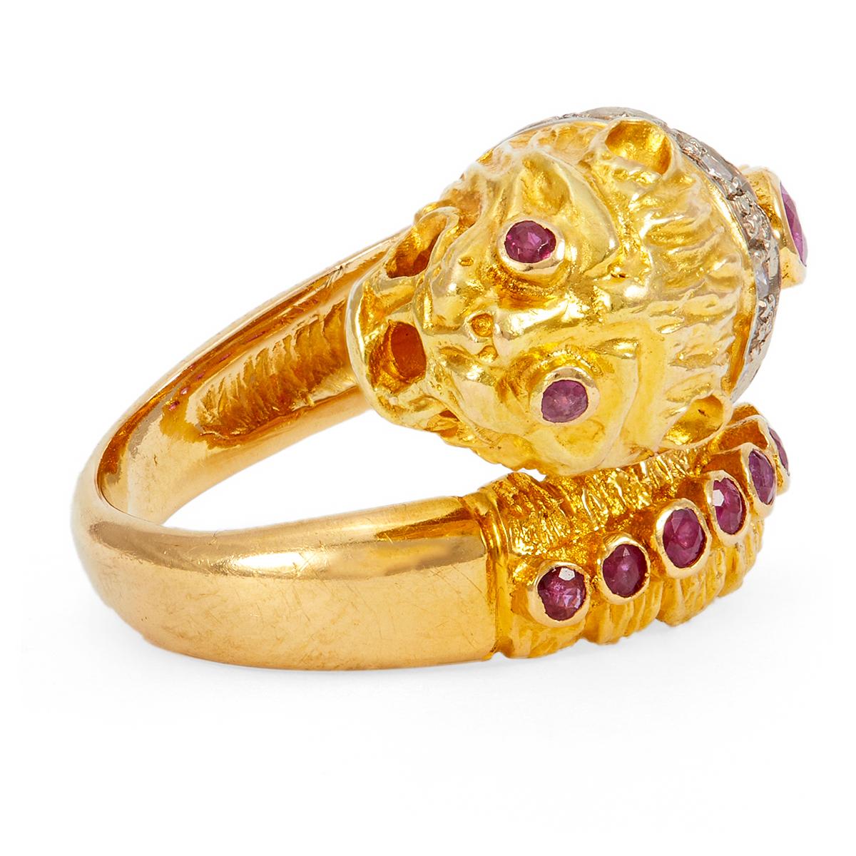Women's or Men's Vintage Lalaounis Ruby and Diamond 18k Gold Chimaera Lion’s Head Bypass Ring