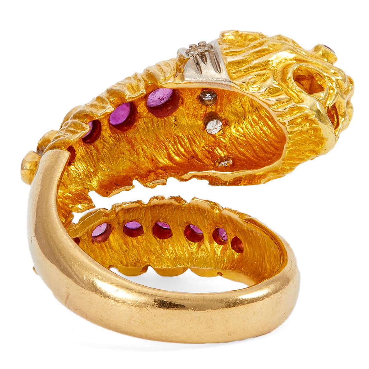 Vintage Lalaounis Ruby and Diamond 18k Gold Chimaera Lion’s Head Bypass Ring 1
