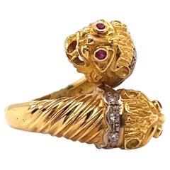 Vintage Lalaounis Ruby Diamond 18 Karat Gold Two Headed Lion Ring