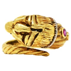 Vintage Lalaounis Ruby Emerald 18 Karat Gold Greek Lion Head Bypass Ring