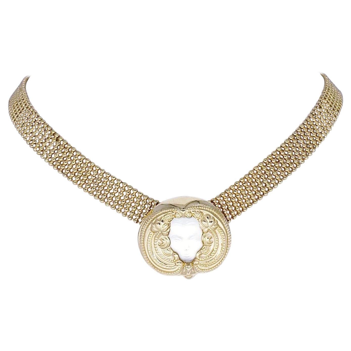 Vintage Lalique Gold Vermeil Art Deco Style Masque De Femme Crystal Necklace