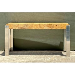 Vintage Laminate Burl Wood and Chrome Console Table