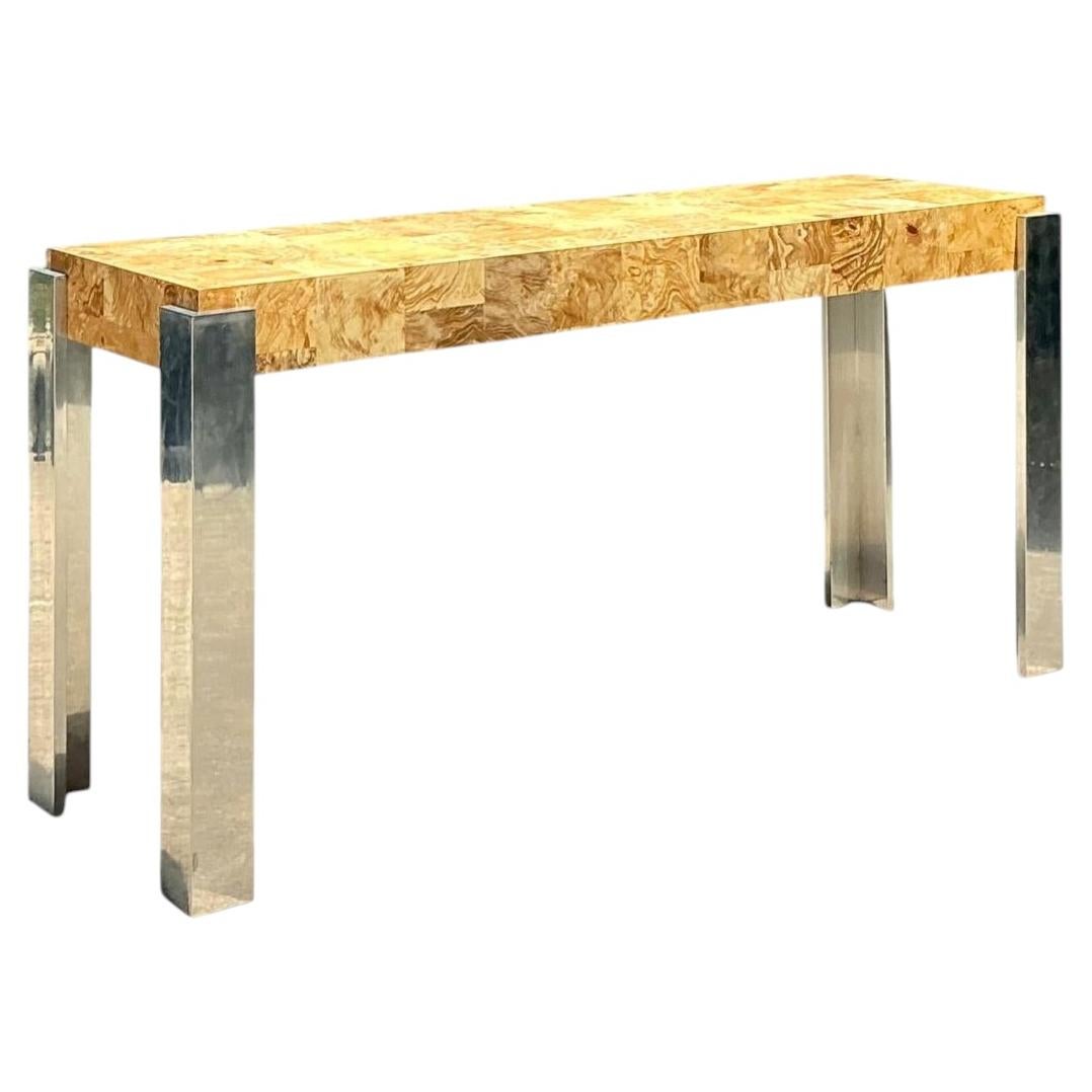 Vintage Laminate Burl Wood and Chrome Console Table