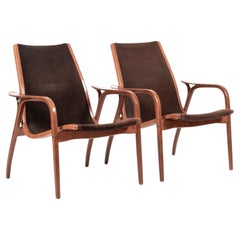 Vintage Lamino Lounge Chairs by Yngve Ekström, Brown Suede, Birch Wood, 1960s