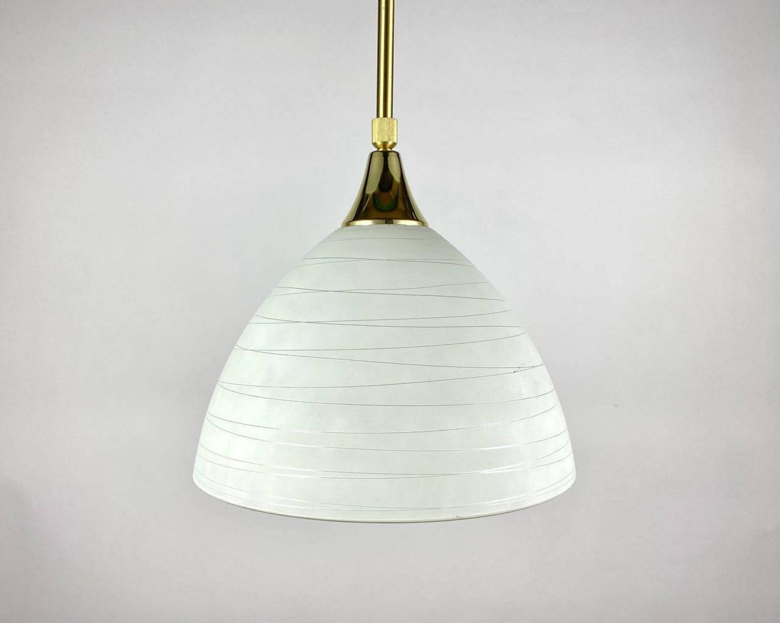 Beautiful white hand blown Glass Pendant Light on a long suspension by famous manufacturer Honsel Leuchten, Germany. 

  Suspension is a successful combination of a brass 